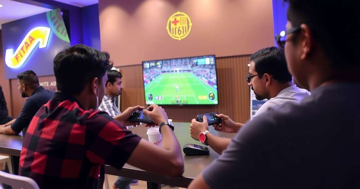 Indian gamers playing FIFA Mobile together in a gaming cafe
